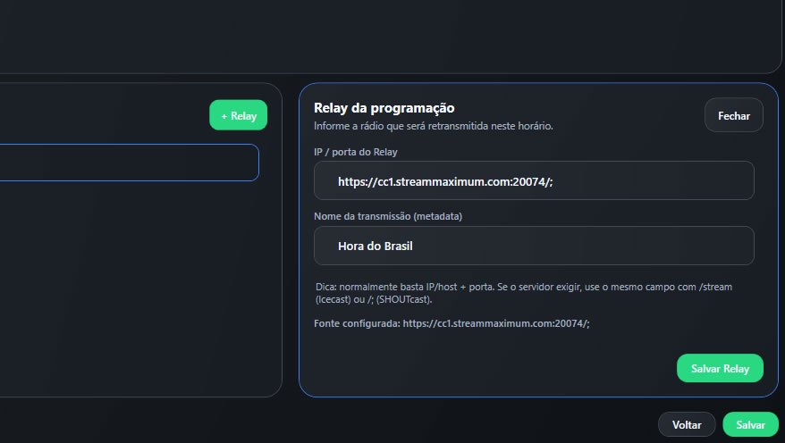 Relay ao vivo integrado à programação do Maximum Rádio Studio